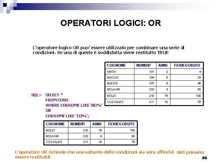 OPERATORI LOGICI: OR L’operatore logico OR puo’ essere utilizzato per combinare una serie di