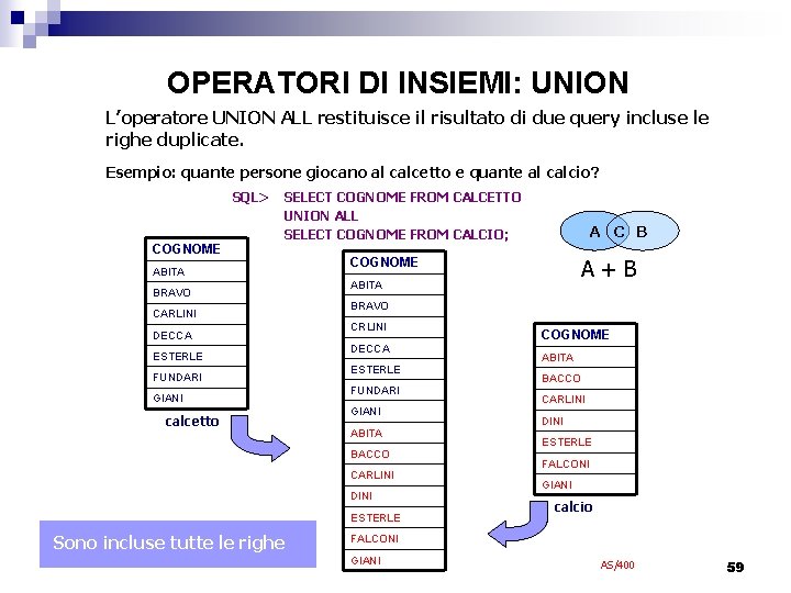 OPERATORI DI INSIEMI: UNION L’operatore UNION ALL restituisce il risultato di due query incluse