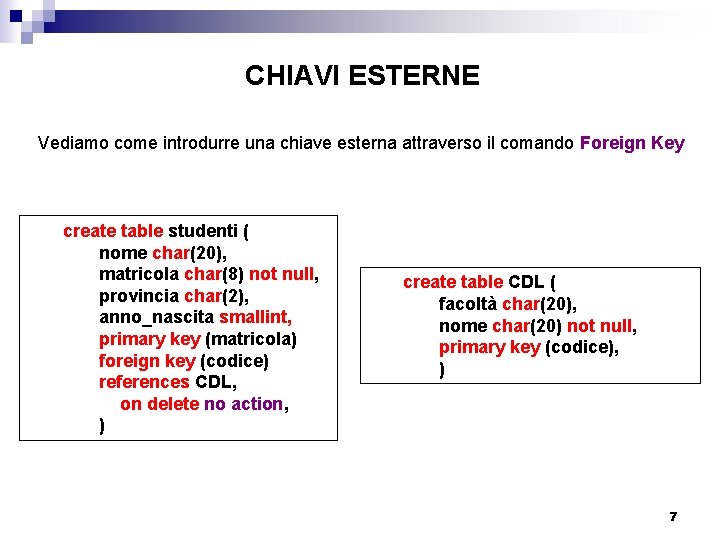 CHIAVI ESTERNE Vediamo come introdurre una chiave esterna attraverso il comando Foreign Key create