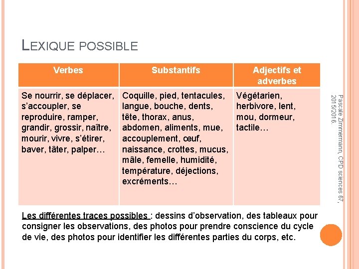 LEXIQUE POSSIBLE Substantifs Se nourrir, se déplacer, s’accoupler, se reproduire, ramper, grandir, grossir, naître,