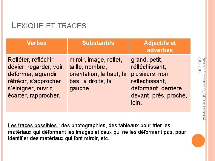 LEXIQUE ET TRACES Substantifs Adjectifs et adverbes Refléter, réfléchir, dévier, regarder, voir, déformer, agrandir,