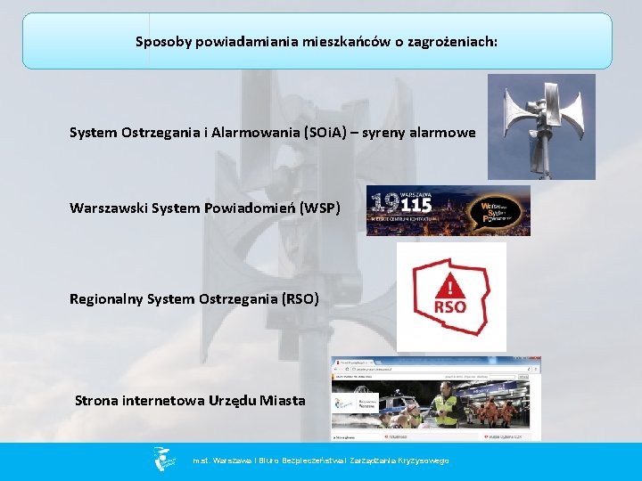 Sposoby powiadamiania mieszkańców o zagrożeniach: System Ostrzegania i Alarmowania (SOi. A) – syreny alarmowe