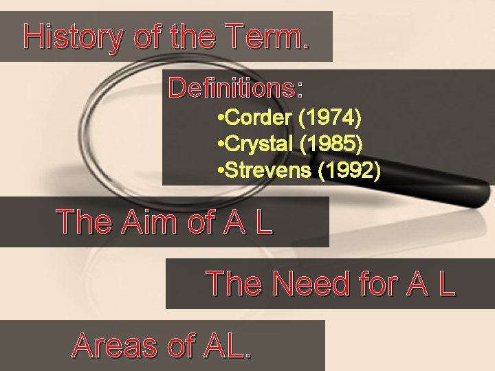 History of the Term. Definitions: • Corder (1974) • Crystal (1985) • Strevens (1992)