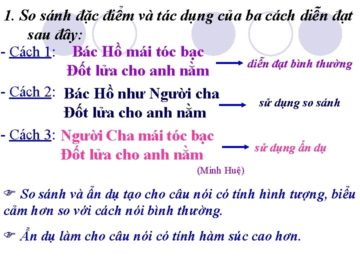 1. So sánh đặc điểm và tác dụng của ba cách diễn đạt sau