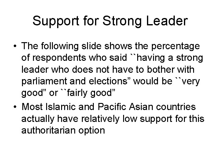 Support for Strong Leader • The following slide shows the percentage of respondents who
