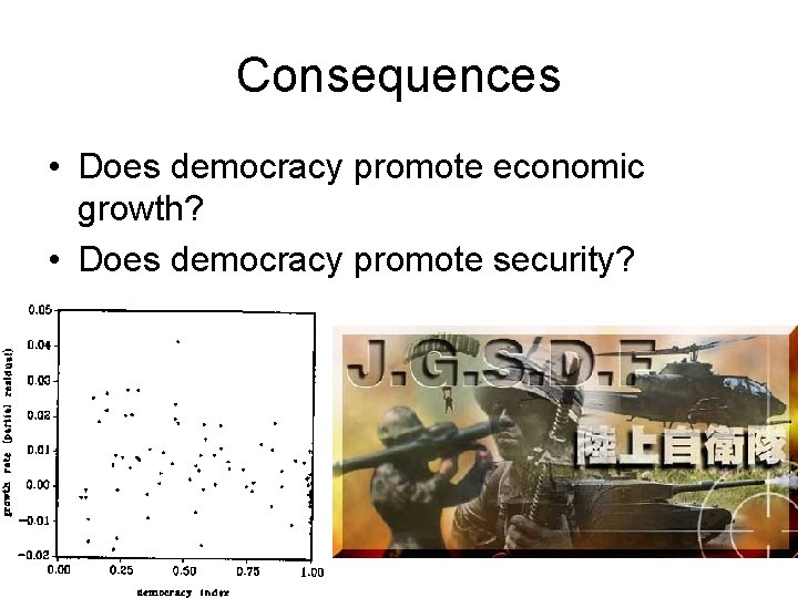 Consequences • Does democracy promote economic growth? • Does democracy promote security? 