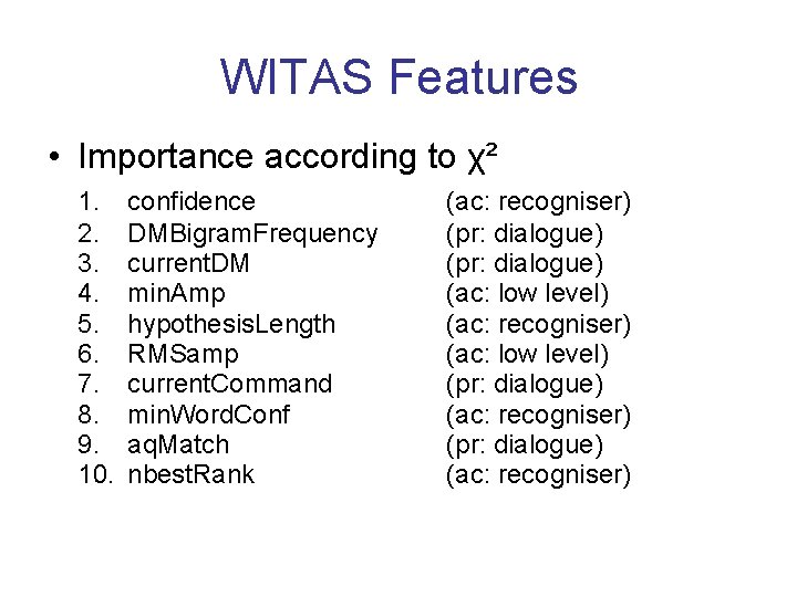 WITAS Features • Importance according to χ² 1. 2. 3. 4. 5. 6. 7.