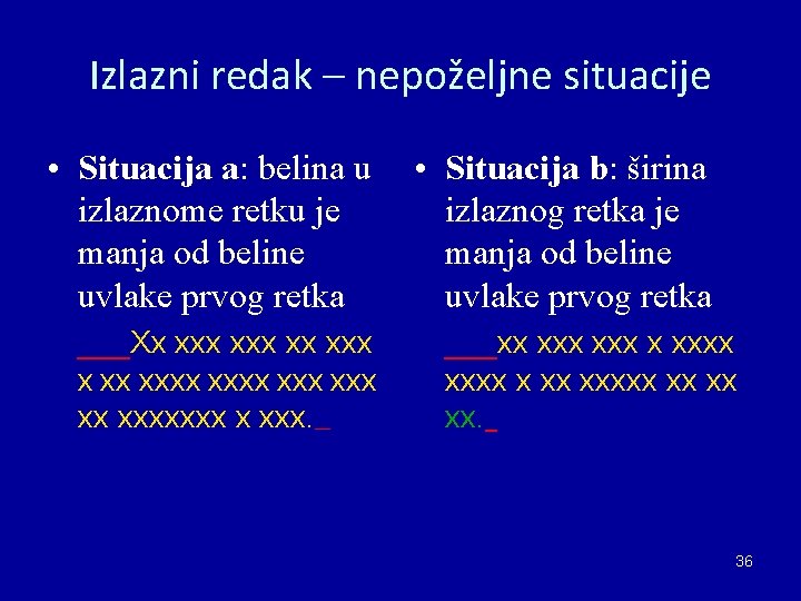 Izlazni redak – nepoželjne situacije • Situacija a: belina u izlaznome retku je manja