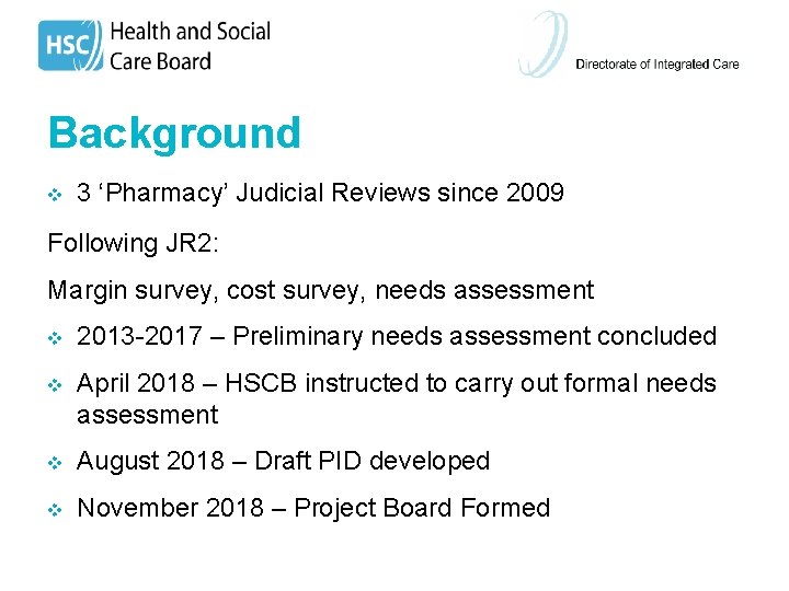 Background v 3 ‘Pharmacy’ Judicial Reviews since 2009 Following JR 2: Margin survey, cost