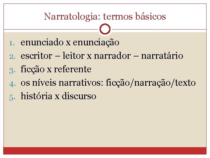 Narratologia: termos básicos 1. enunciado x enunciação 2. escritor – leitor x narrador –