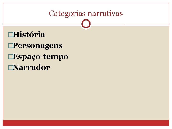 Categorias narrativas �História �Personagens �Espaço-tempo �Narrador 