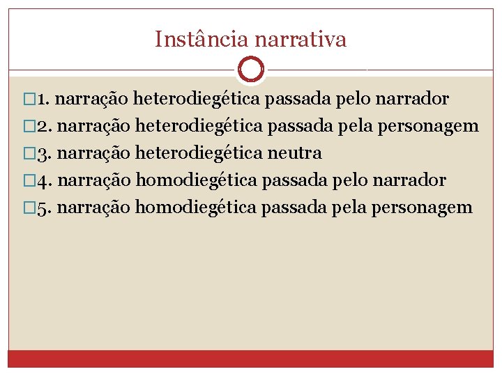 Instância narrativa � 1. narração heterodiegética passada pelo narrador � 2. narração heterodiegética passada