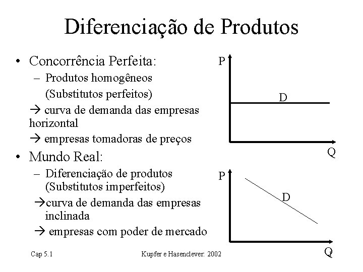 Diferenciação de Produtos • Concorrência Perfeita: P – Produtos homogêneos (Substitutos perfeitos) curva de