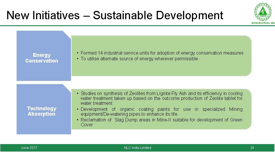 New Initiatives – Sustainable Development Energy Conservation • Formed 14 industrial service units for