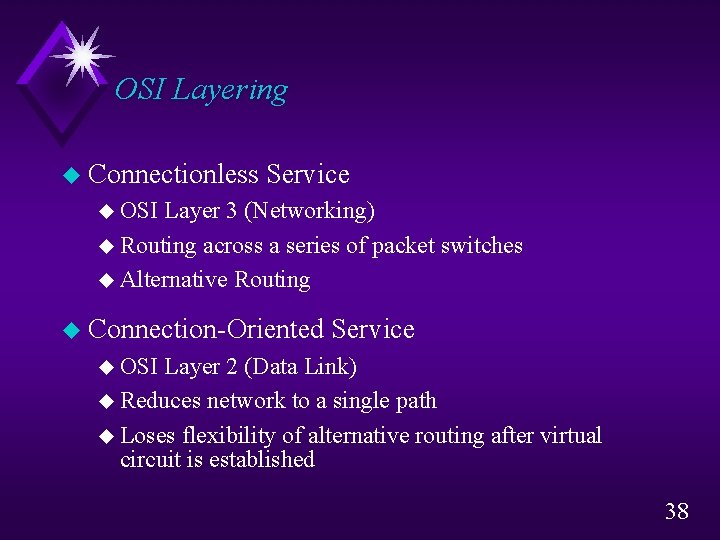 OSI Layering u Connectionless Service u OSI Layer 3 (Networking) u Routing across a