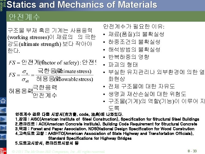 First Edition Statics and Mechanics of Materials 안전계수 구조물 부재 혹은 기계는 사용응력 (working