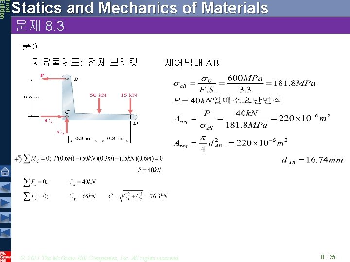 First Edition Statics and Mechanics of Materials 문제 8. 3 풀이 자유물체도: 전체 브래킷