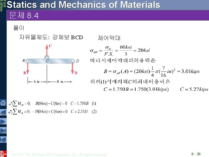 First Edition Statics and Mechanics of Materials 문제 8. 4 풀이 자유물체도: 강체보 BCD