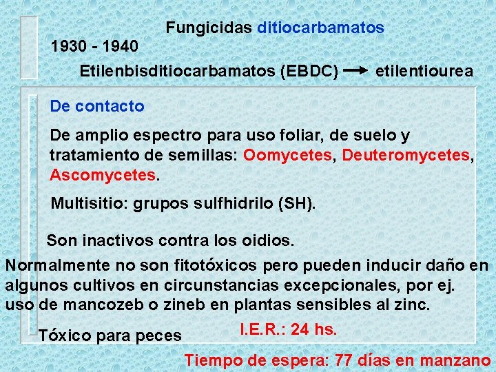 1930 - 1940 Fungicidas ditiocarbamatos Etilenbisditiocarbamatos (EBDC) etilentiourea De contacto De amplio espectro para