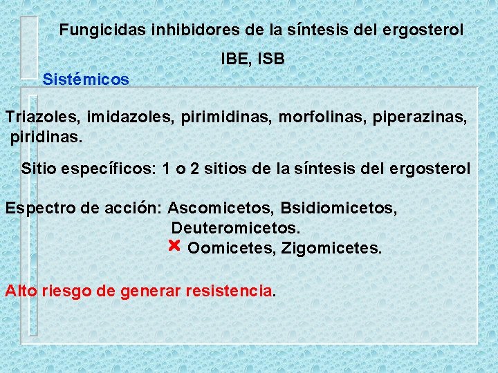 Fungicidas inhibidores de la síntesis del ergosterol IBE, ISB Sistémicos Triazoles, imidazoles, pirimidinas, morfolinas,