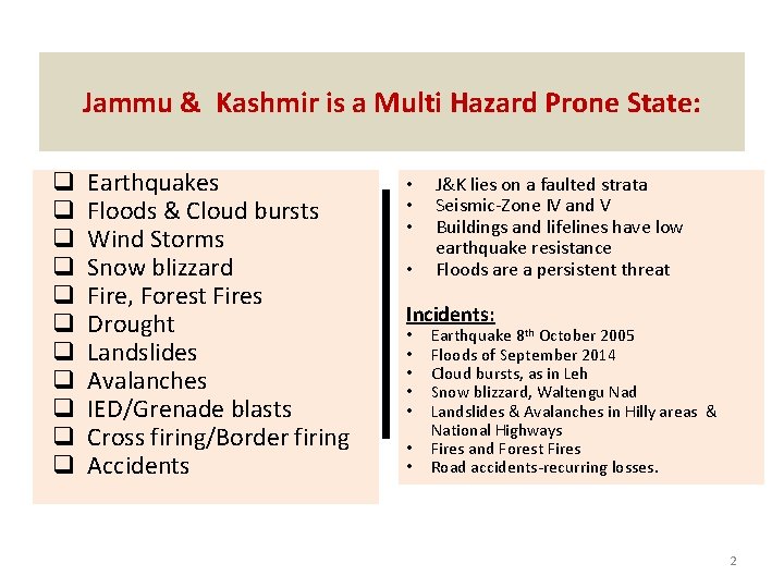 Jammu & Kashmir is a Multi Hazard Prone State: q q q Earthquakes Floods