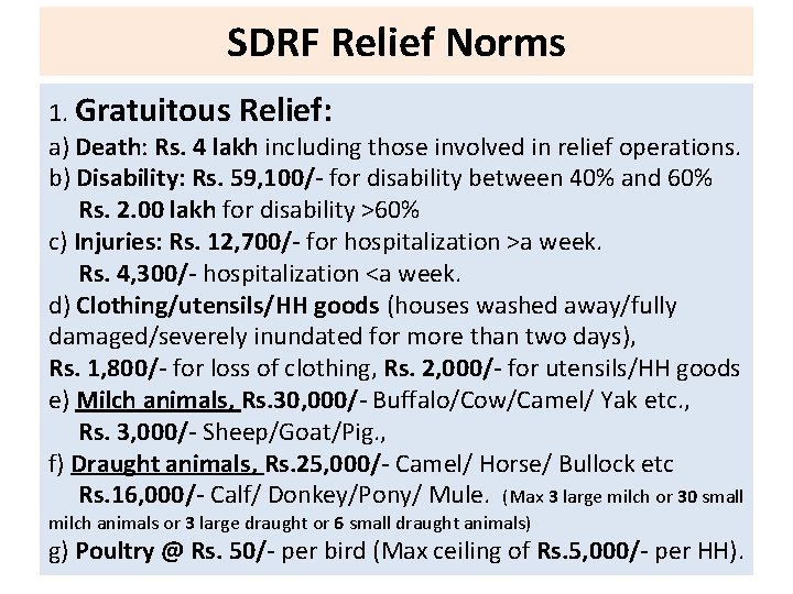 SDRF Relief Norms 1. Gratuitous Relief: a) Death: Rs. 4 lakh including those involved