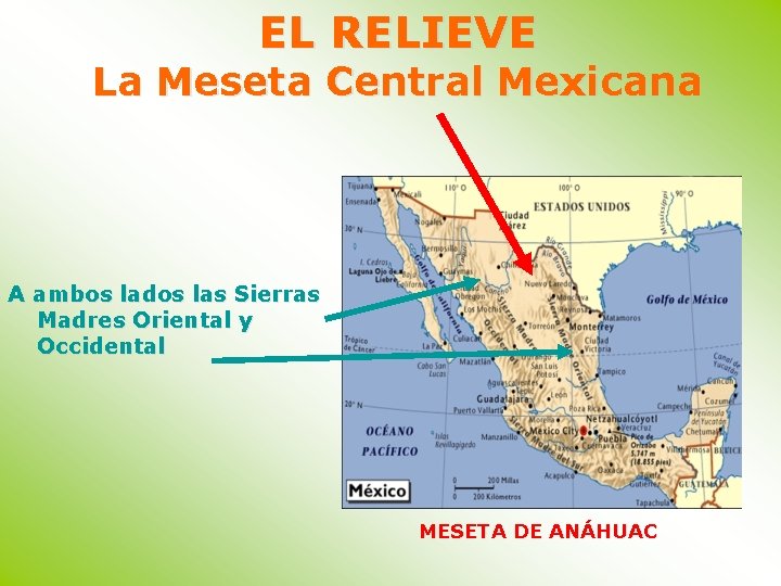 EL RELIEVE La Meseta Central Mexicana A ambos lados las Sierras Madres Oriental y