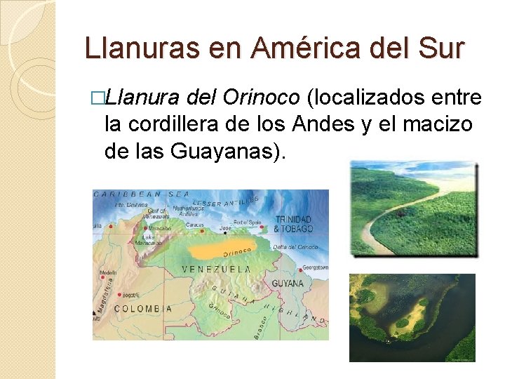 Llanuras en América del Sur �Llanura del Orinoco (localizados entre la cordillera de los