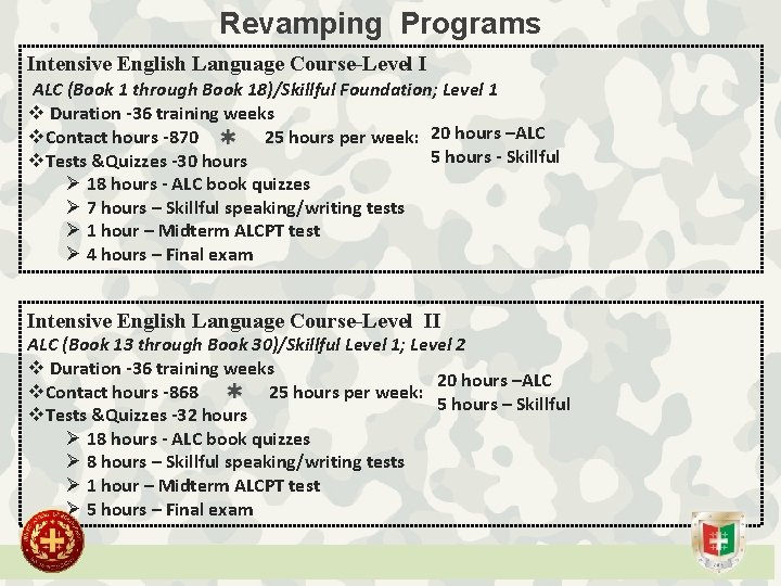 Revamping Programs Intensive English Language Course-Level I ALC (Book 1 through Book 18)/Skillful Foundation;