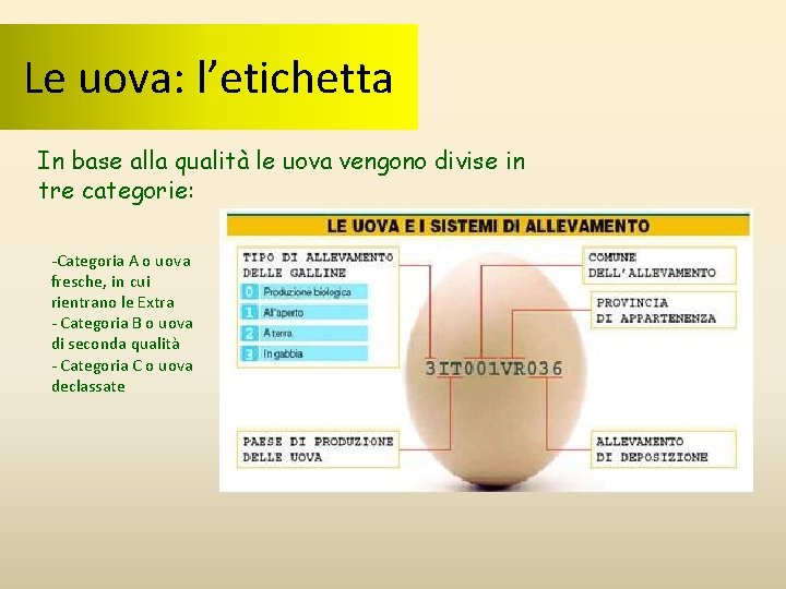 Le uova: l’etichetta In base alla qualità le uova vengono divise in tre categorie: Le uova: l’etichetta In base alla qualità le uova vengono divise in tre categorie: