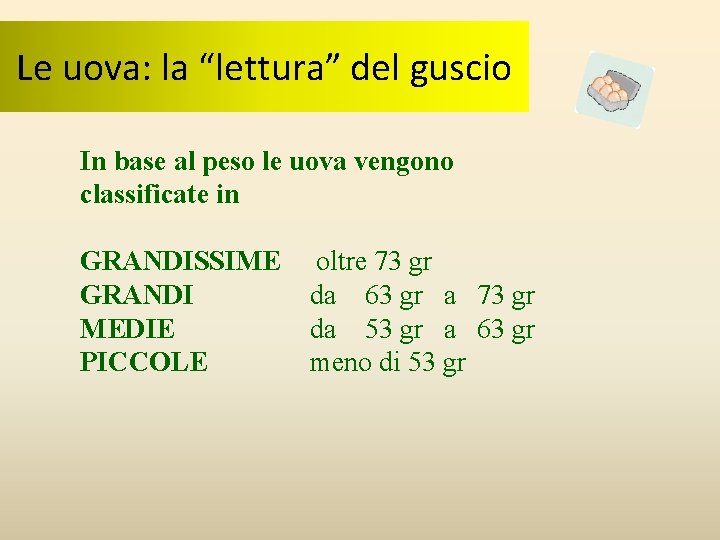 Le uova: la “lettura” del guscio In base al peso le uova vengono classificate Le uova: la “lettura” del guscio In base al peso le uova vengono classificate