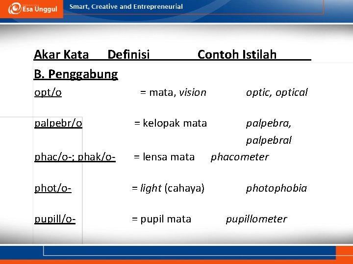 Akar Kata Definisi B. Penggabung opt/o Contoh Istilah = mata, vision palpebr/o = kelopak