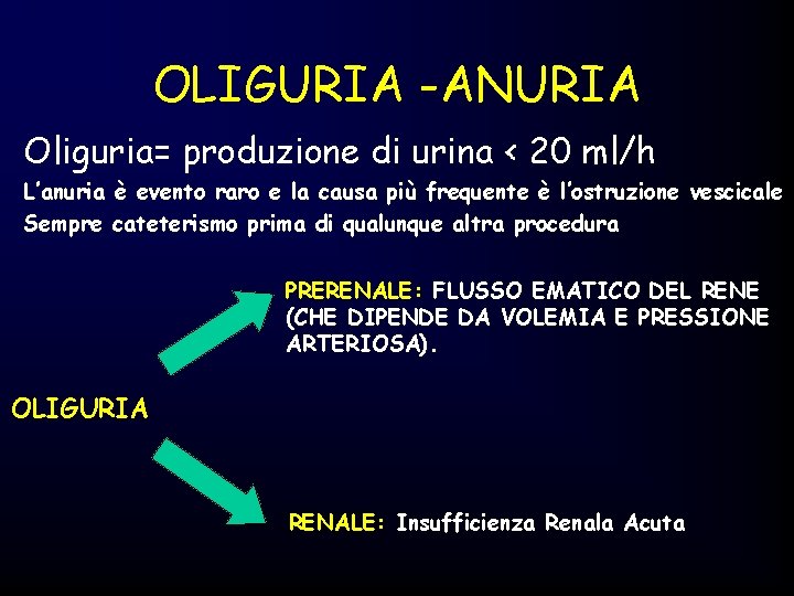 OLIGURIA -ANURIA Oliguria= produzione di urina < 20 ml/h L’anuria è evento raro e