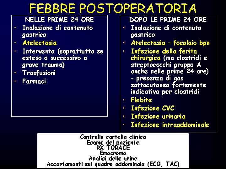 FEBBRE POSTOPERATORIA • • • NELLE PRIME 24 ORE Inalazione di contenuto gastrico Atelectasia