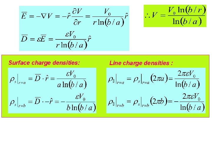 Surface charge densities: Line charge densities : 