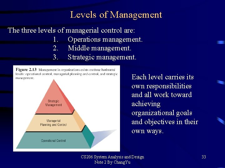 Levels of Management The three levels of managerial control are: 1. Operations management. 2.