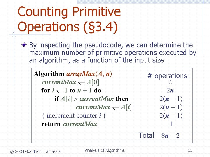 Counting Primitive Operations (§ 3. 4) By inspecting the pseudocode, we can determine the Counting Primitive Operations (§ 3. 4) By inspecting the pseudocode, we can determine the