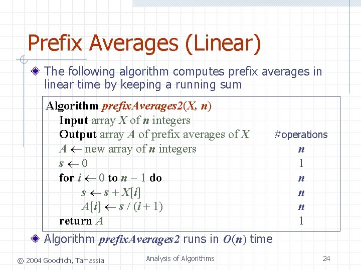 Prefix Averages (Linear) The following algorithm computes prefix averages in linear time by keeping Prefix Averages (Linear) The following algorithm computes prefix averages in linear time by keeping