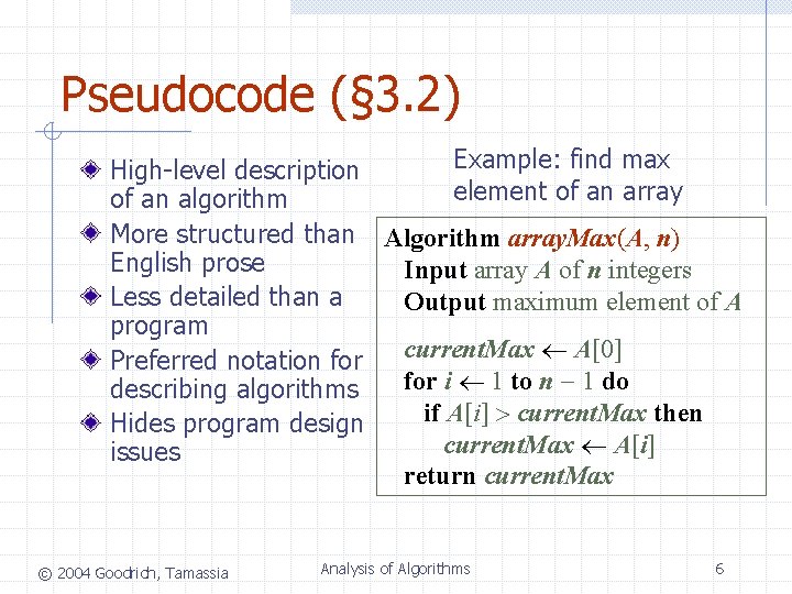 Pseudocode (§ 3. 2) Example: find max High-level description element of an array of Pseudocode (§ 3. 2) Example: find max High-level description element of an array of