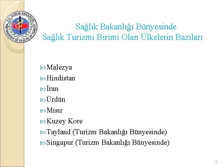 Sağlık Bakanlığı Bünyesinde Sağlık Turizmi Birimi Olan Ülkelerin Bazıları Malezya Hindistan İran Ürdün Mısır
