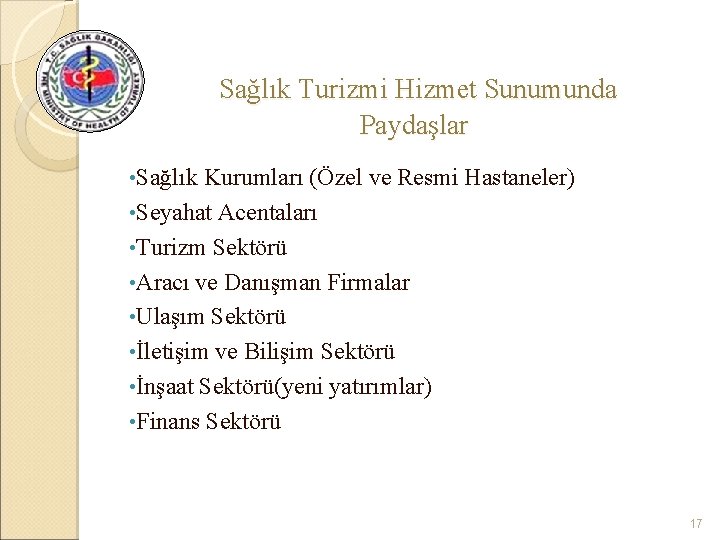 Sağlık Turizmi Hizmet Sunumunda Paydaşlar • Sağlık Kurumları (Özel ve Resmi Hastaneler) • Seyahat