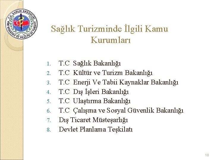 Sağlık Turizminde İlgili Kamu Kurumları 1. 2. 3. 4. 5. 6. 7. 8. T.