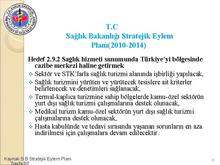 T. C Sağlık Bakanlığı Stratejik Eylem Planı(2010 -2014) Hedef 2. 9. 2 Sağlık hizmeti