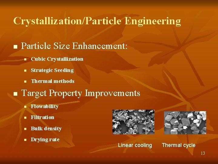 Crystallization/Particle Engineering n n Particle Size Enhancement: n Cubic Crystallization n Strategic Seeding n