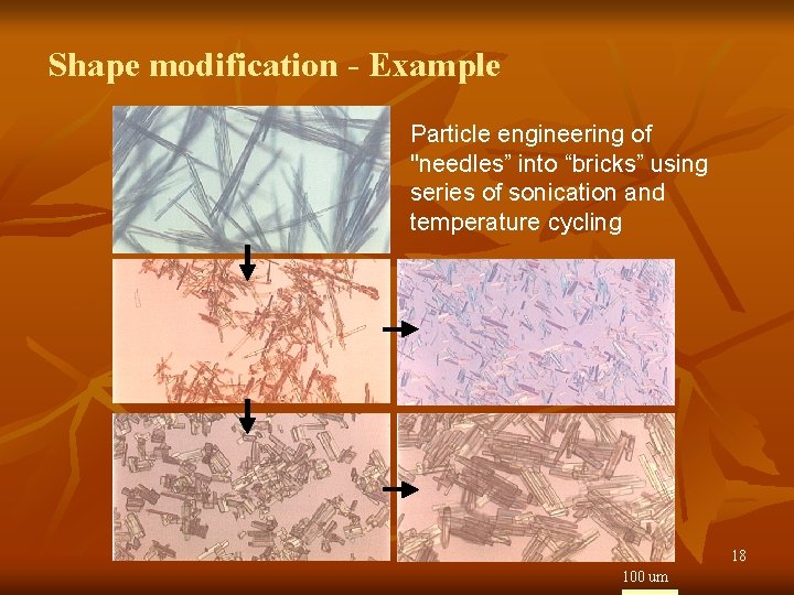 Shape modification - Example Particle engineering of "needles” into “bricks” using series of sonication
