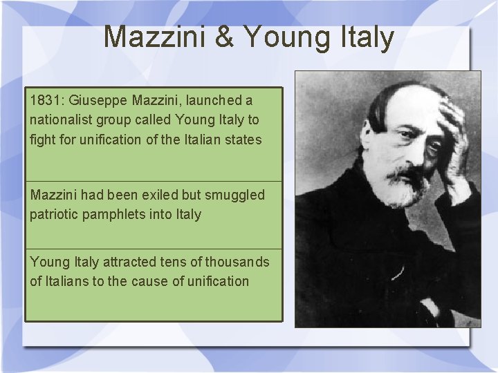 Mazzini & Young Italy 1831: Giuseppe Mazzini, launched a nationalist group called Young Italy