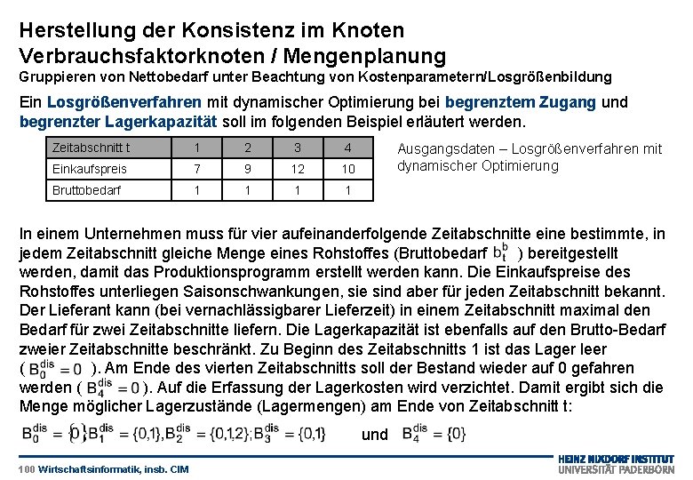 Herstellung der Konsistenz im Knoten Verbrauchsfaktorknoten / Mengenplanung Gruppieren von Nettobedarf unter Beachtung von