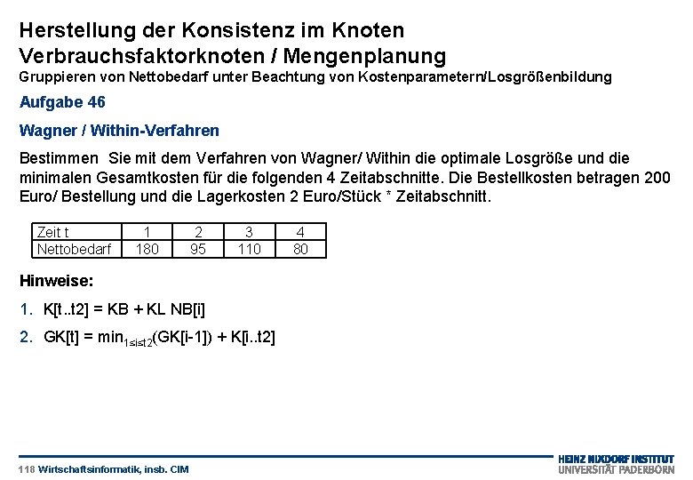 Herstellung der Konsistenz im Knoten Verbrauchsfaktorknoten / Mengenplanung Gruppieren von Nettobedarf unter Beachtung von