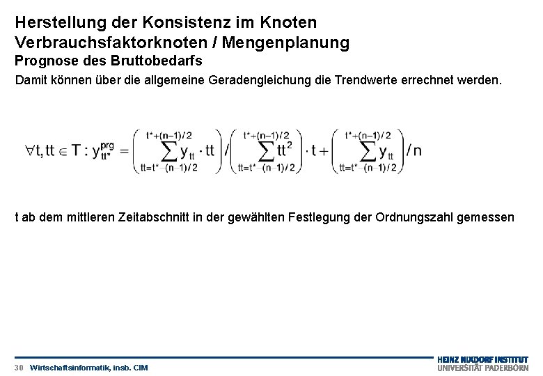 Herstellung der Konsistenz im Knoten Verbrauchsfaktorknoten / Mengenplanung Prognose des Bruttobedarfs Damit können über