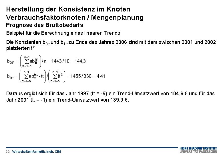 Herstellung der Konsistenz im Knoten Verbrauchsfaktorknoten / Mengenplanung Prognose des Bruttobedarfs Beispiel für die